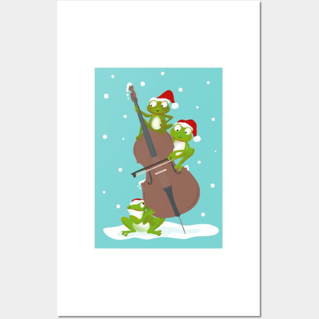 Three funny frogs playing the double bass in Santa hats Wall Art by NattyDesigns